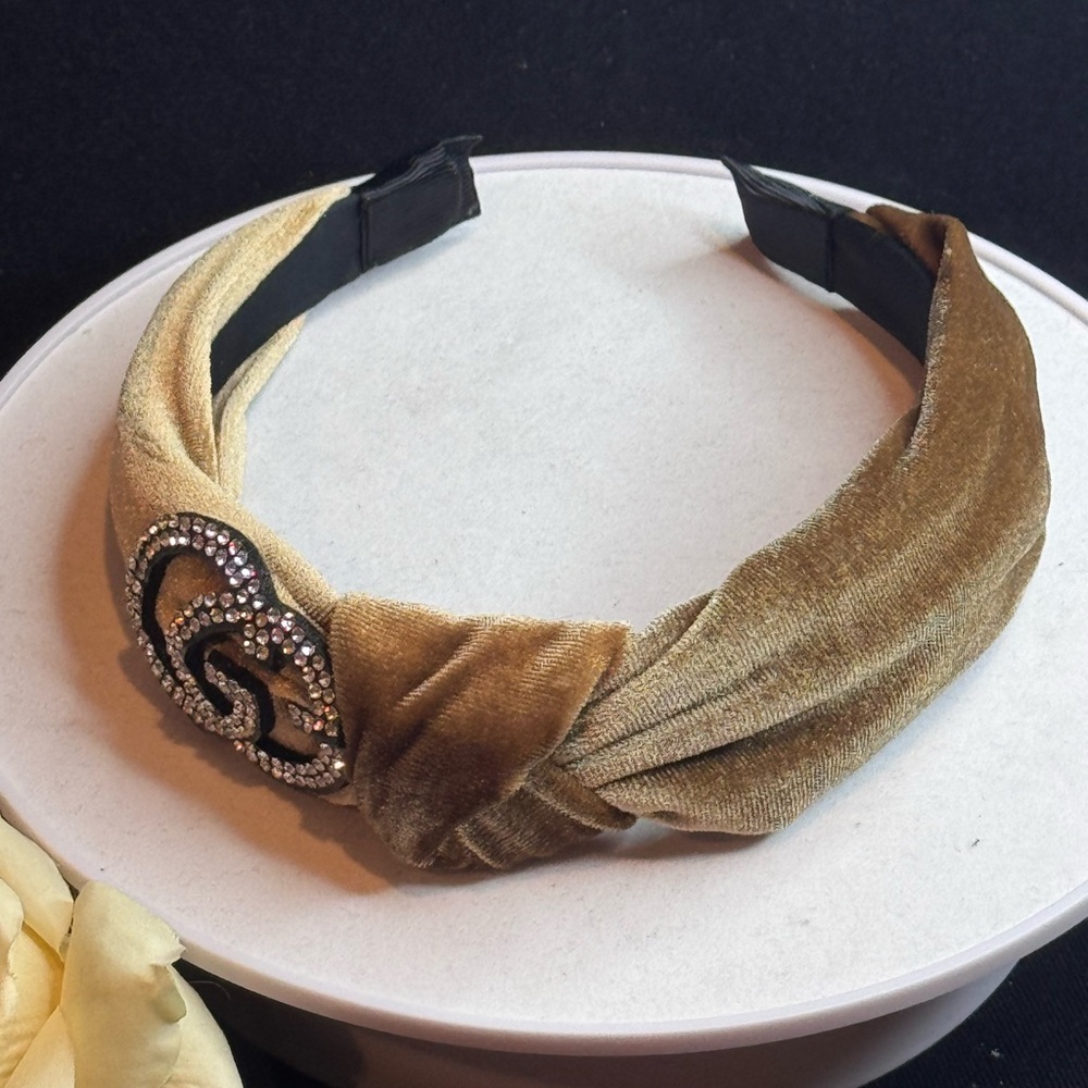 Tan Velvet Rhinestone Headband - Picture 7 of 14